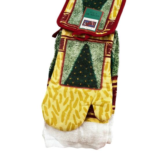 Santa’s Treasures Christmas Tree Kitchen Set 3pc Oven Mitt Towel Pot Holder - Picture 4 of 5
